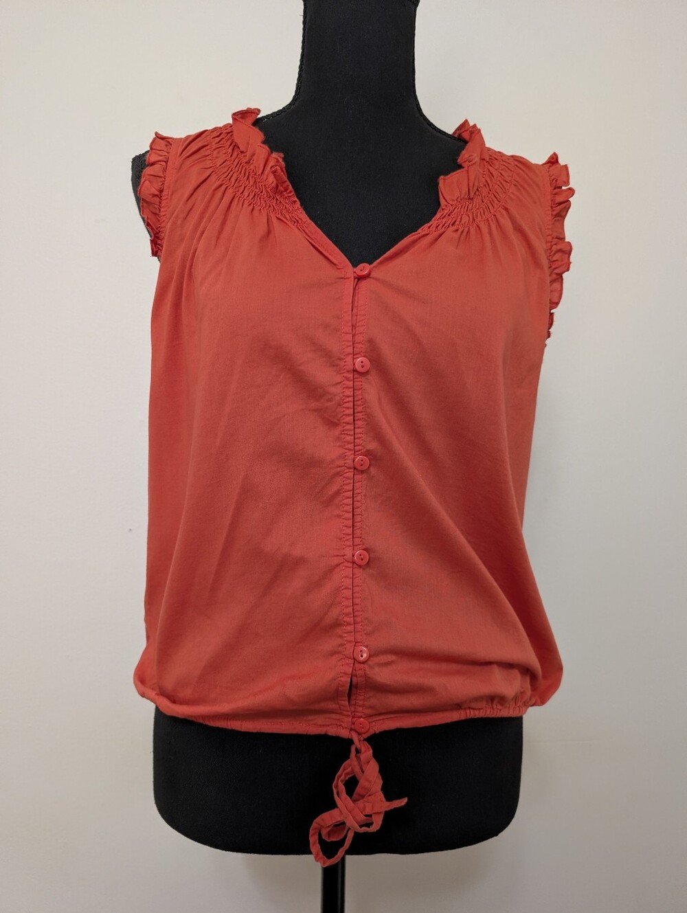 LOFT Orange Ruffle Sleeveless Blouse Drawstring Hem XS